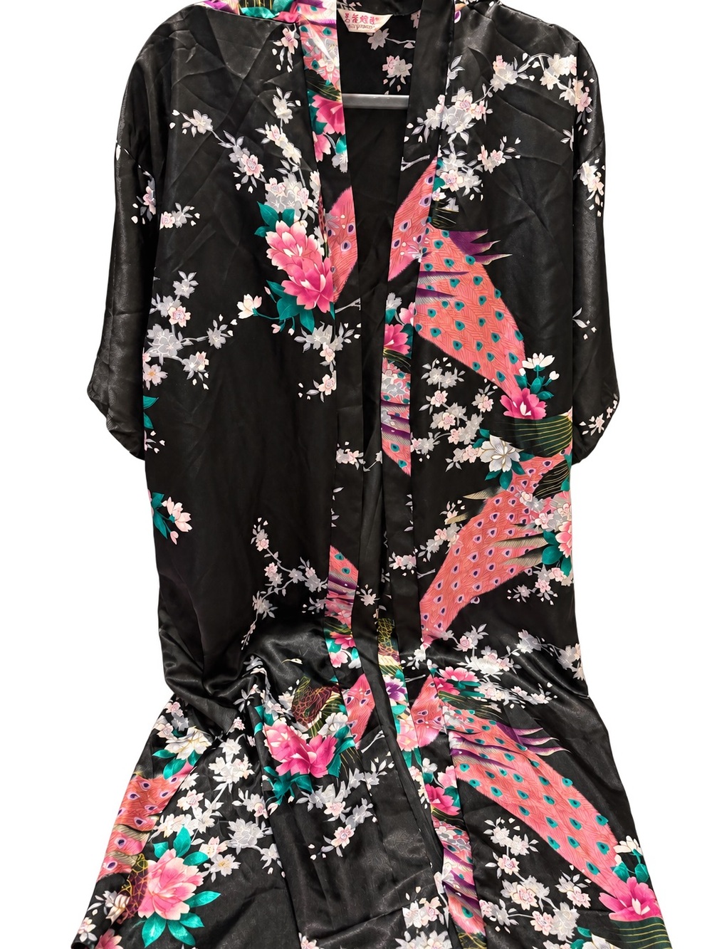 Floral Black Satin Kimono Robe with Pink & Teal Accents